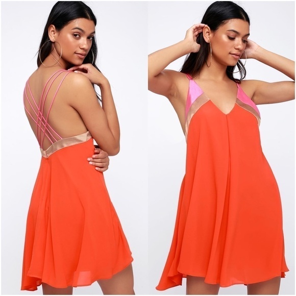 LULU’S Bright On Coral Orange Color Block Swing Dress - Picture 1 of 3